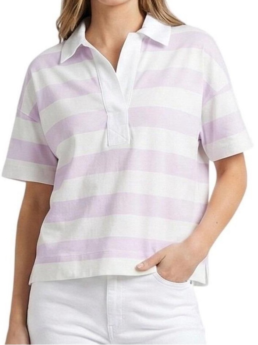 Everlane Retro Jersey Lavender & White Striped Polo Shirt Organic Cotton NWT